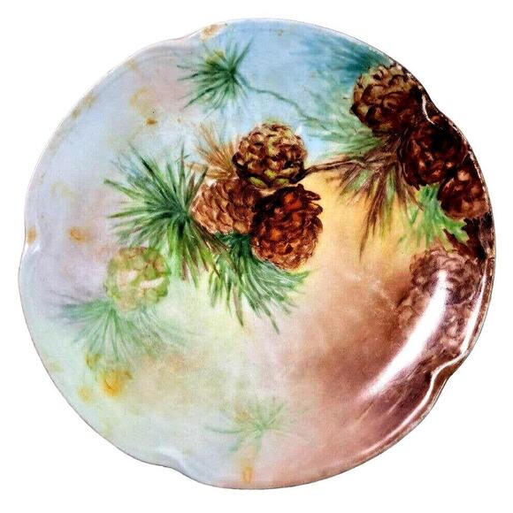 Antique J&C Louise Bavaria 1898-1923 White Brown Green Pine Cones Scalloped - Picture 1 of 12